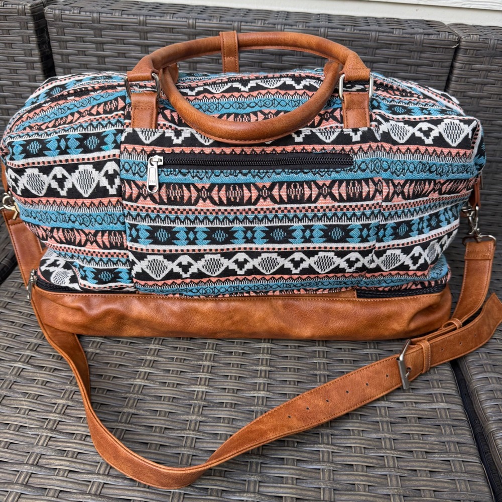 S-ZONE Tribal Woven Weekender Duffel Bag Blue Coral Geometric Shoe Compartment